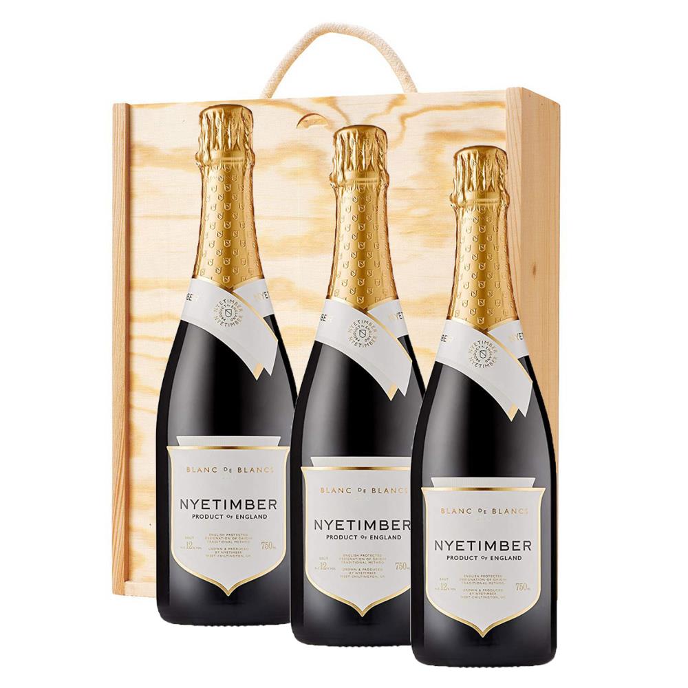 3 x Nyetimber Blanc de Blancs English Sparkling 75cl In A Pine Wooden Gift Box